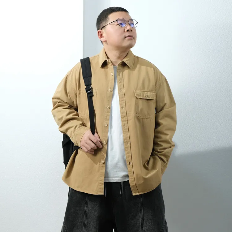 日系复古水洗工装纯棉衬衫男春秋胖子大码宽松休闲百搭长袖衬衣