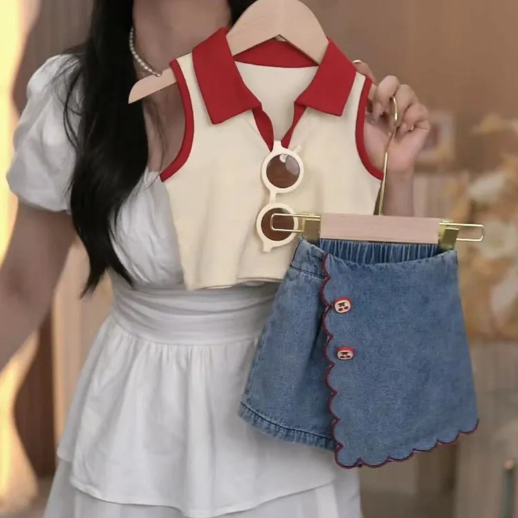 女童套装2025夏季新款韩版女宝polo领无袖背心洋气牛仔裙裤两件套