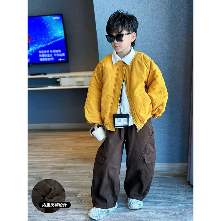 男童冬季新款简约纯色加绒加厚保暖外套中大童韩版宽松工装裤长款