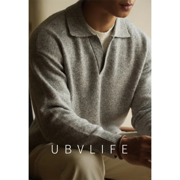 羊毛撞色假两件落肩袖小v领翻领针织衫男2025秋冬老钱风休闲毛衣