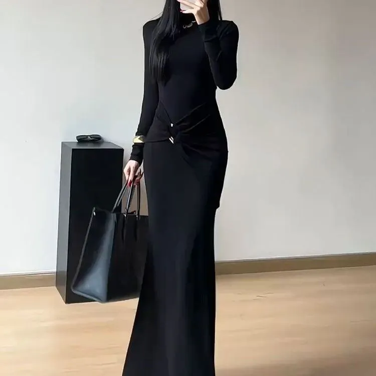 御姐风半高领长袖连衣裙女秋季气质收腰鱼尾裙子修身显瘦包臀长裙