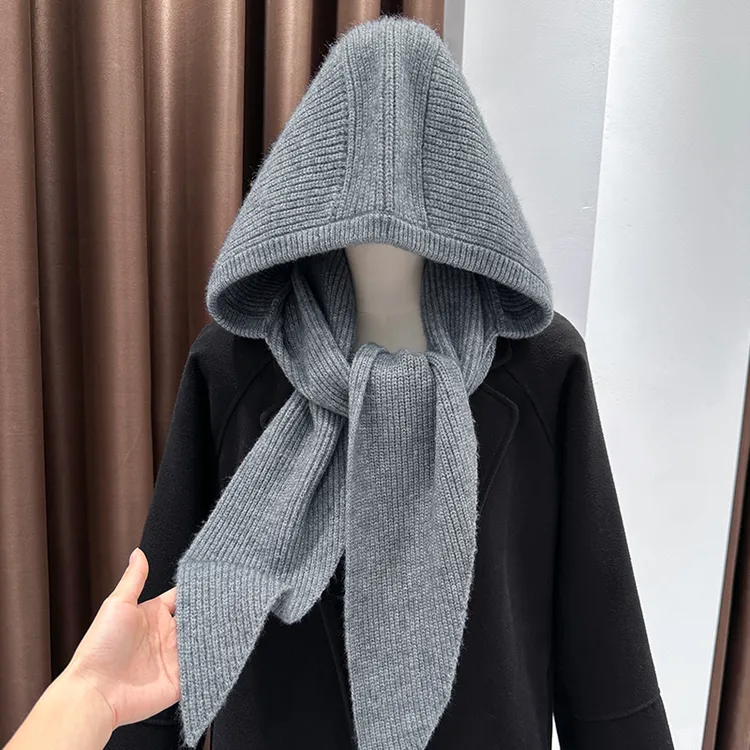 灰色软糯针织帽子一体式设计连帽围巾2025秋冬爆款护耳保暖围脖女