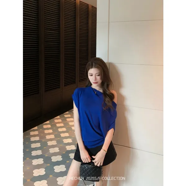 【禾呈】夏季修身时尚百搭吸汗短袖显瘦圆领套头斜肩上衣女10466