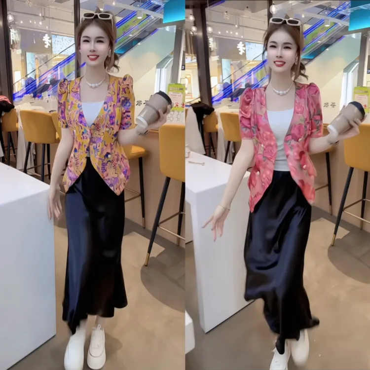 网红时尚气质显瘦国风修身印花女装短袖上衣半身裙