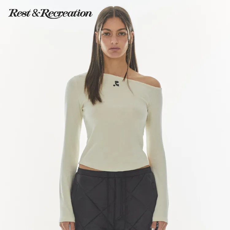 【明星同款】RestandRecreation斜肩修身长袖秋季RRT恤露肩时尚休闲