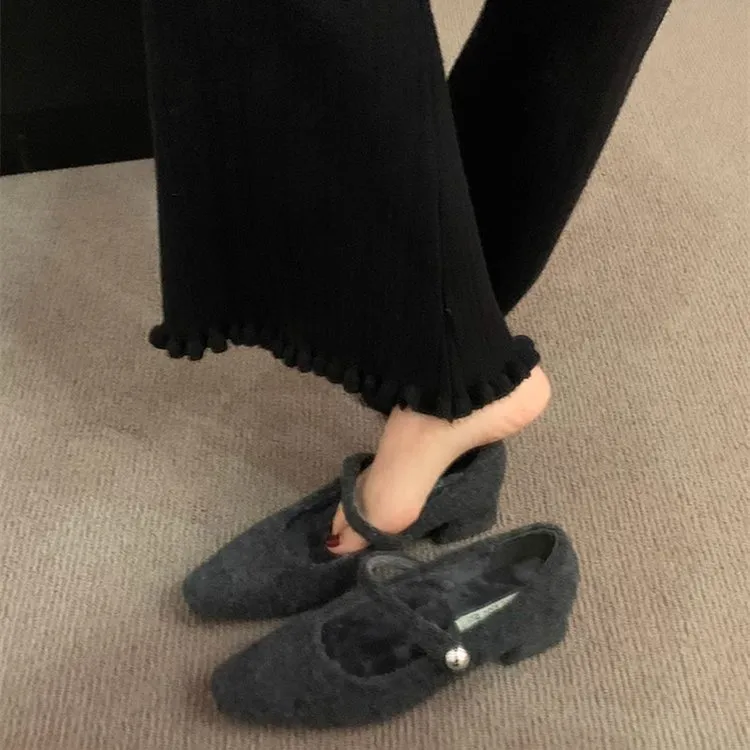 复古毛毛玛丽珍鞋女2025秋冬新款法式灰色加绒单鞋气质粗跟晚晚鞋