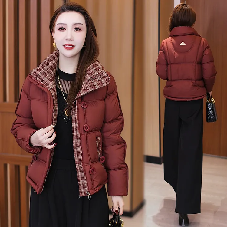 格纹拼接保暖立领棉服女2025冬季新款百搭耐磨宽松短款厚款棉衣潮