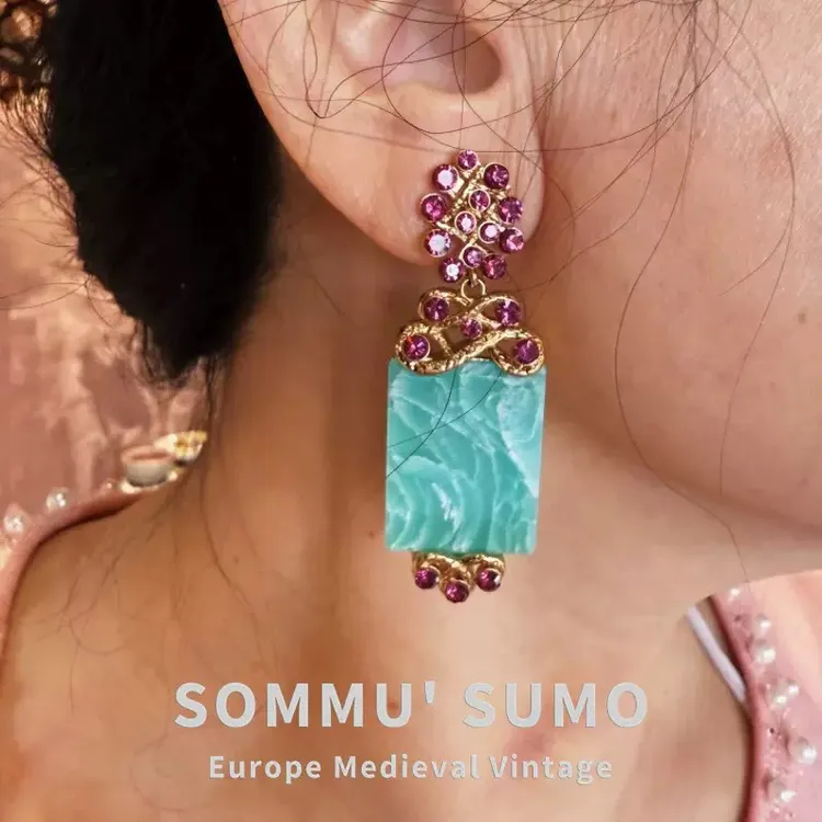 钛合金锆石耳饰 复古风冰裂锆石几何方形耳钉超仙气质甜美