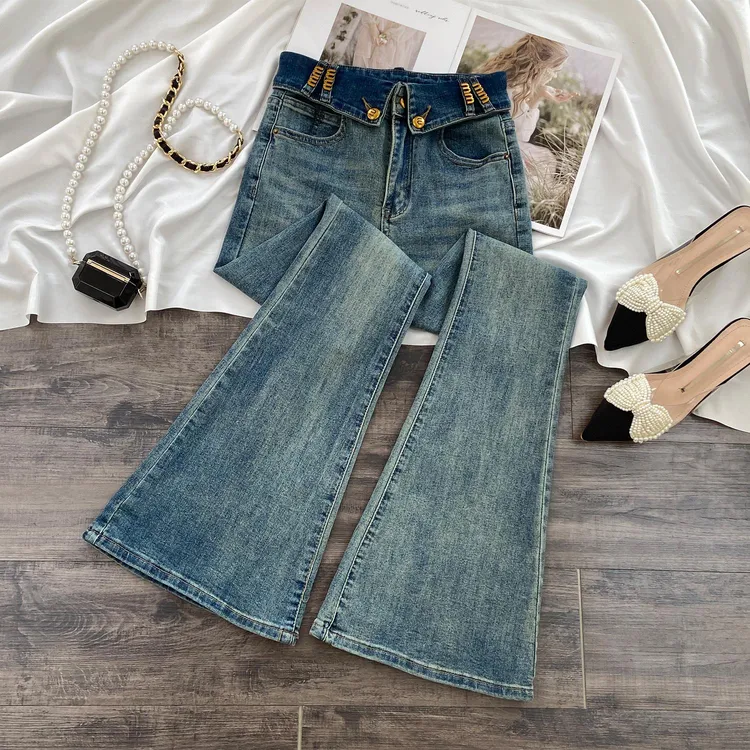 复古蓝微喇牛仔裤女秋季2025年新款高腰气质显瘦加绒马蹄喇叭裤