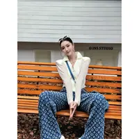 DUOMI【牛仔美人】白蓝两色满身印花阔腿牛仔裤