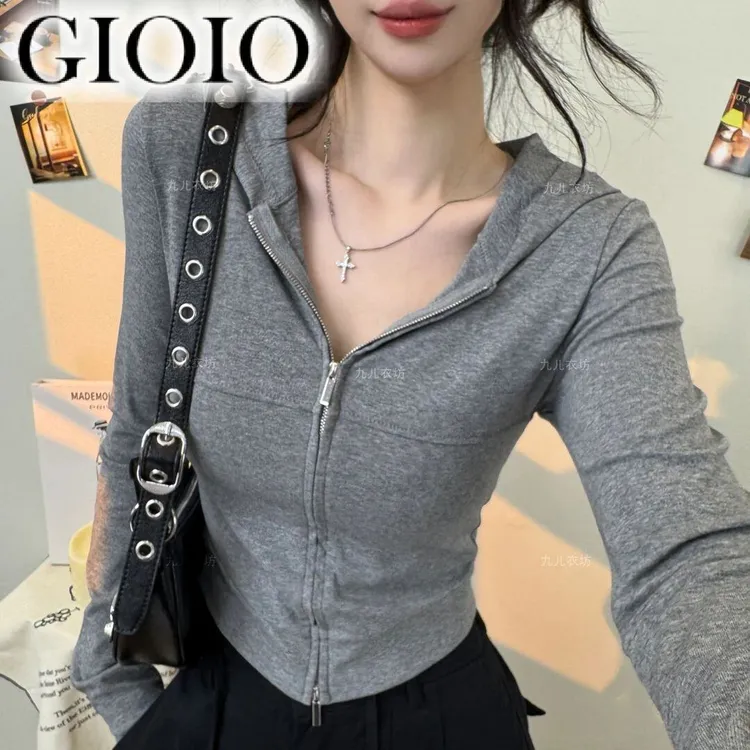 GIOIO2025春秋连帽短款设计感上衣女拉链甜辣显瘦长袖T恤开衫潮