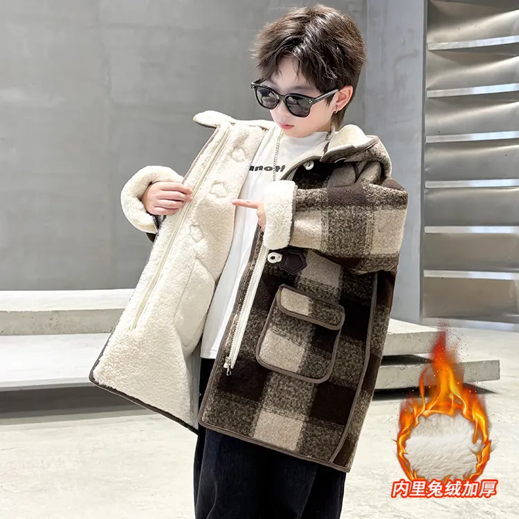 儿童呢子大衣男童加绒外套冬季加厚2026新款大男孩冬装毛呢上衣潮