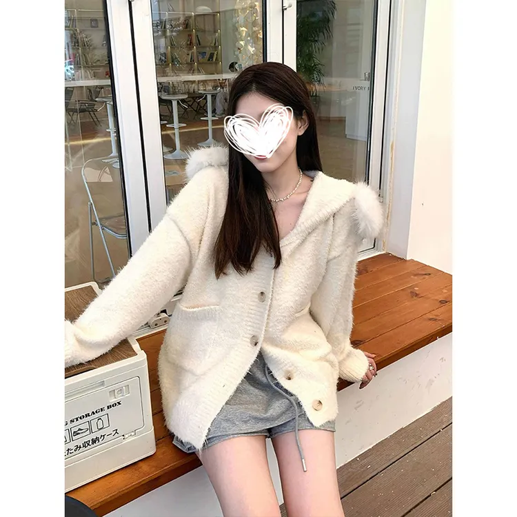 连帽针织开衫毛衣可拆毛领宽松加厚外套上衣