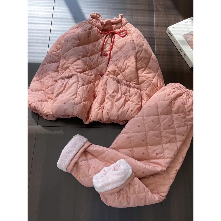 韩系甜美三层夹棉睡衣女秋冬2026新款加绒加厚棉服保暖家居服套装
