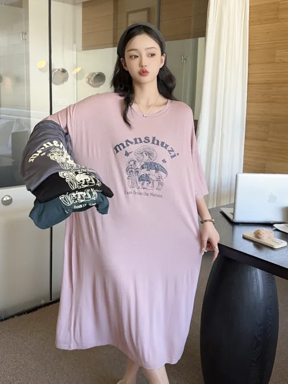 睡衣裙女长款过膝莫代尔睡裙短袖特大码胖妹妹宽松连衣裙可外出