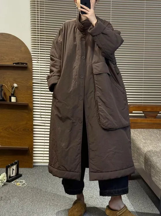 2025冬季新款长款单边大口袋宽松加厚休闲百搭款棉服棉衣外套