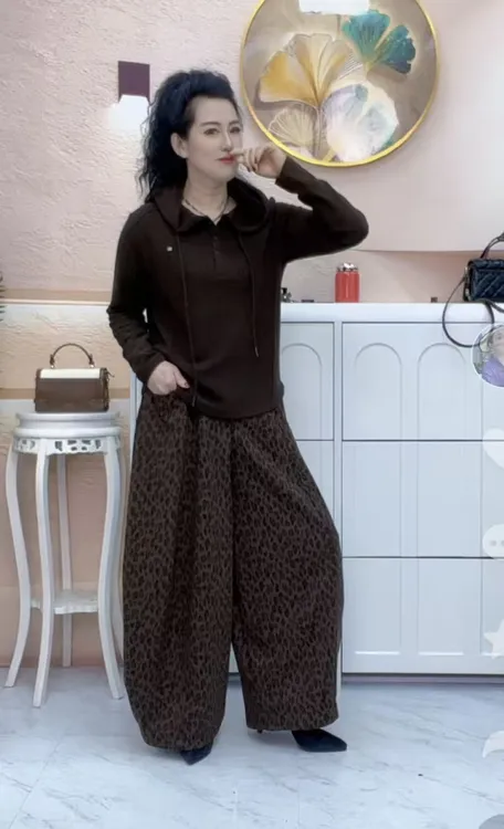 2025冬装豹纹阔腿弯刀裤女士时尚百搭休闲气质长裤网红女装