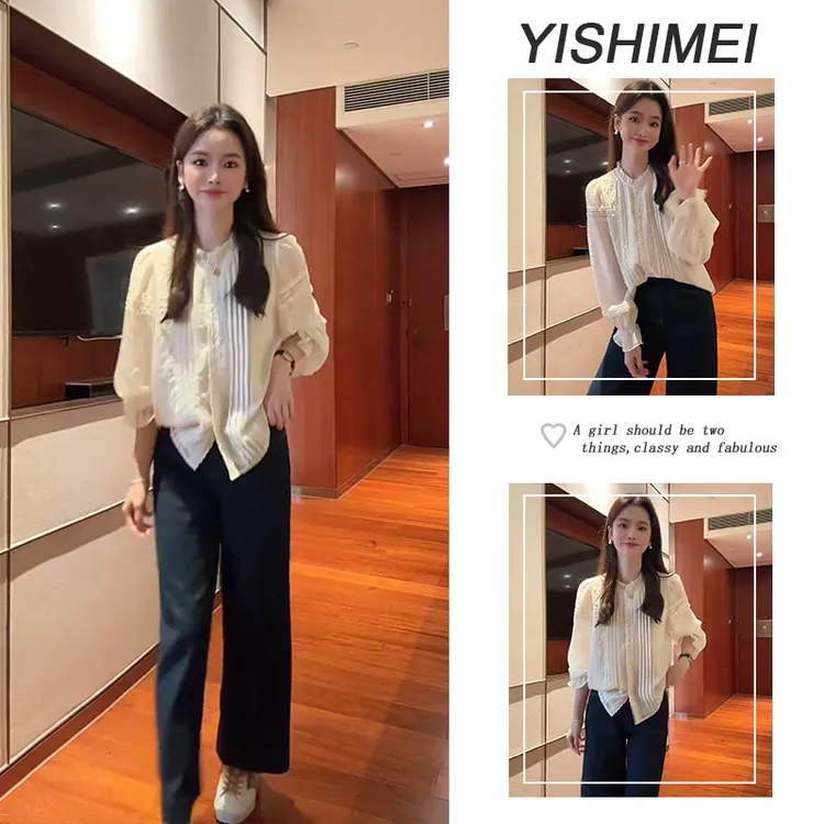 秋季温柔穿搭2025新款韩系高级感甜美衬衫上衣阔腿直筒牛仔裤套装