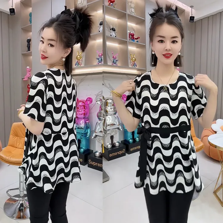 网红爆款时尚减龄宽松显瘦中长款上衣气质休闲简约波纹系带T恤潮