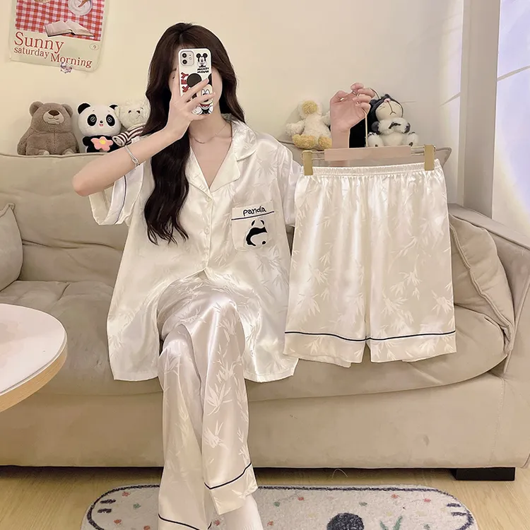 国风熊猫睡衣女春秋季冰丝绸短袖长裤带胸垫大码三件套夏天家居服
