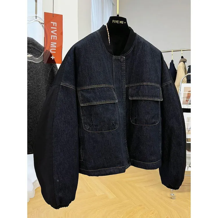 韩系独特别致休闲拼接夹棉牛仔外套女冬2025新款宽松棉衣夹克