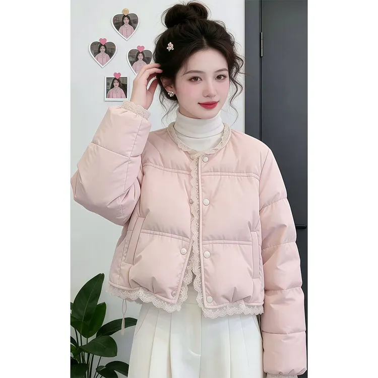韩系甜美穿搭蕾丝拼接棉服外套女冬季新款宽松粉色休闲百搭棉袄潮