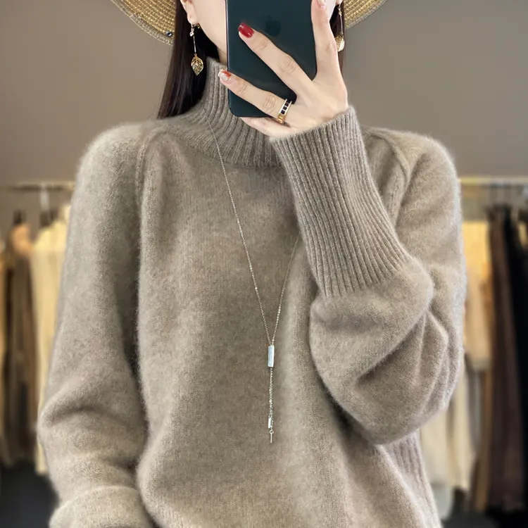 半高领针织羊毛打底衫女秋冬加厚保暖内搭遮肚子宽松特大码毛衣女