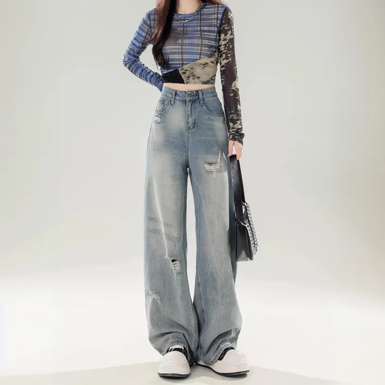 美式复古洋气设计感破洞牛仔裤女2025春季高个子直筒宽松阔腿长裤