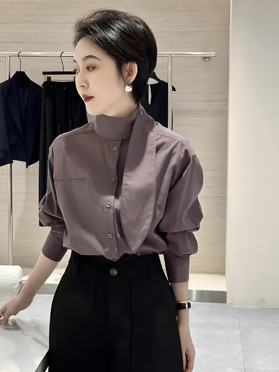 法式轻奢高级感立领飘带长袖衬衫女2025新款秋季宽松显瘦独特上衣