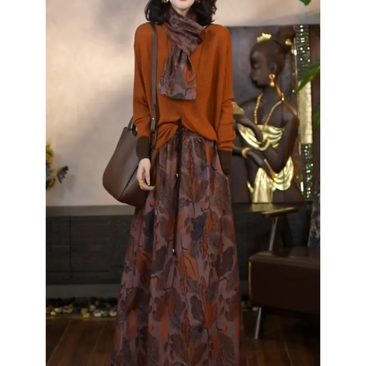 送丝巾!洋气高级感裙套装2025秋季新款休闲百搭长袖上衣+半身裙