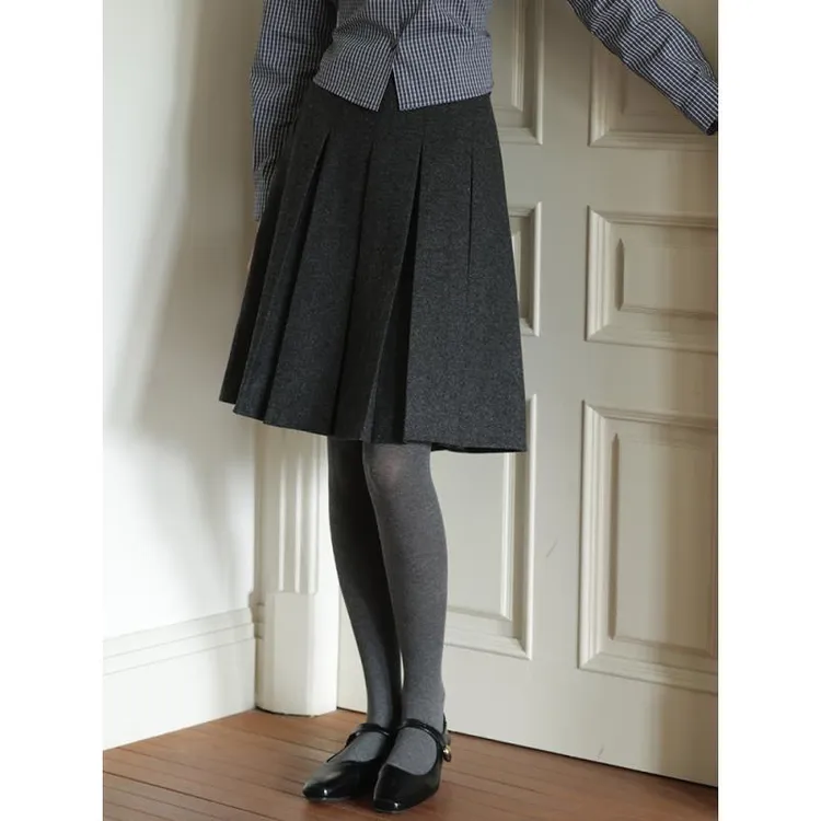 复古前后两穿百搭高腰羊毛混纺毛呢百褶裙女秋新款a字半身裙中裙