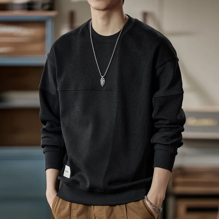 范希巴迪针织米色卫衣男士春秋款宽松春秋季拼接无帽长袖男款上衣