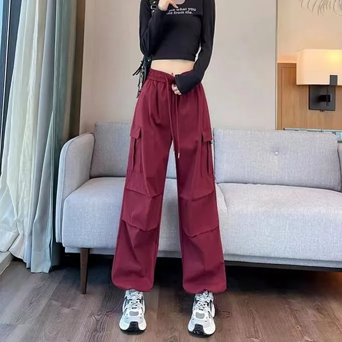 爬山夏季新款高腰工装裤女宽松直筒休闲抽绳百搭女孩裤子长裤时尚