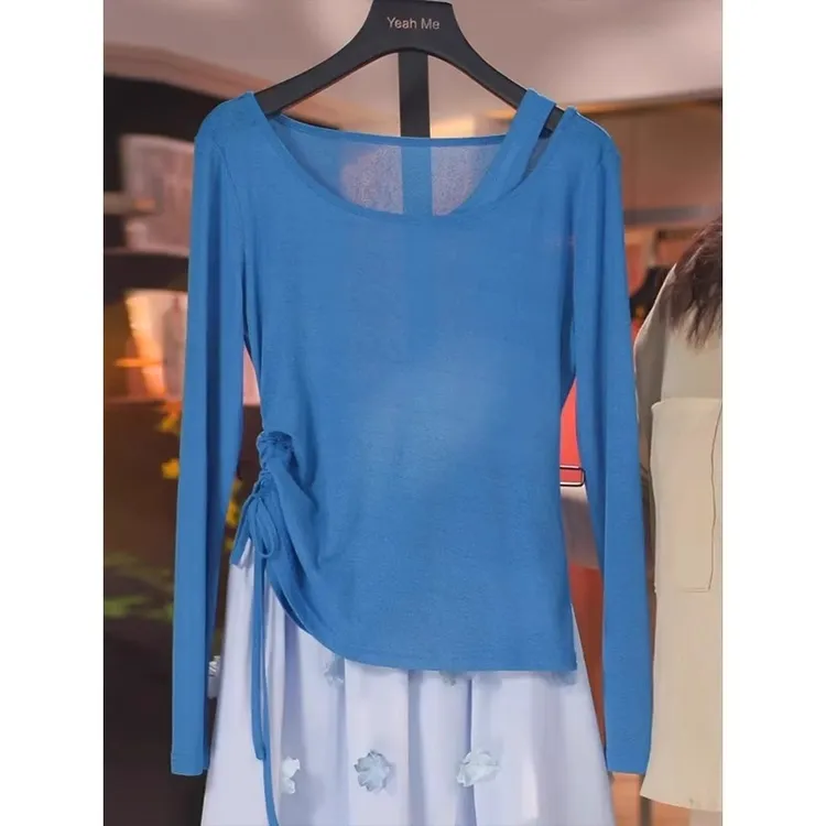 芯娇晴假两件露肩蓝色长袖t恤女士夏季新款抽绳收腰上衣防晒罩衫
