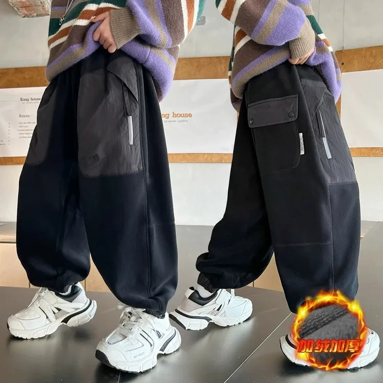 男童加绒裤子冬季新款儿童洋气看书一体绒运动休闲裤男孩加厚卫裤