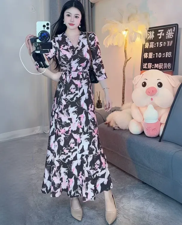 印花中腰V领高腰烟青连衣裙女装法式复古时尚