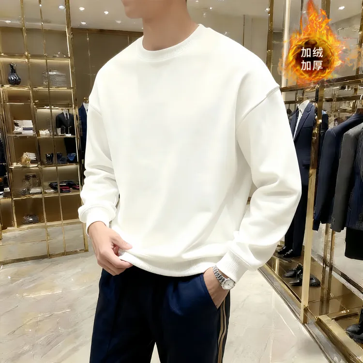 真保暖加绒加厚男士卫衣宽松落肩运动休闲打底衫长袖T恤浅灰色