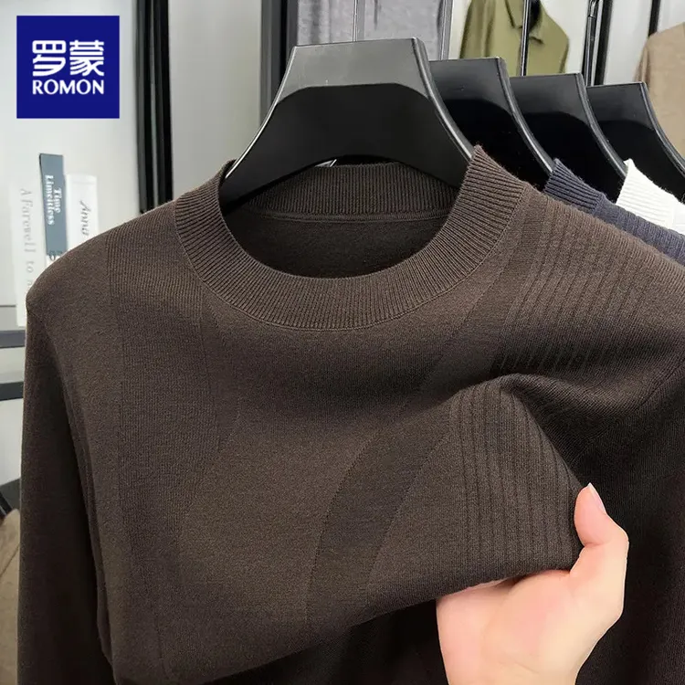 罗蒙秋冬款针织衫男加厚圆领长袖含羊毛打底上衣休闲轻奢高档毛衣