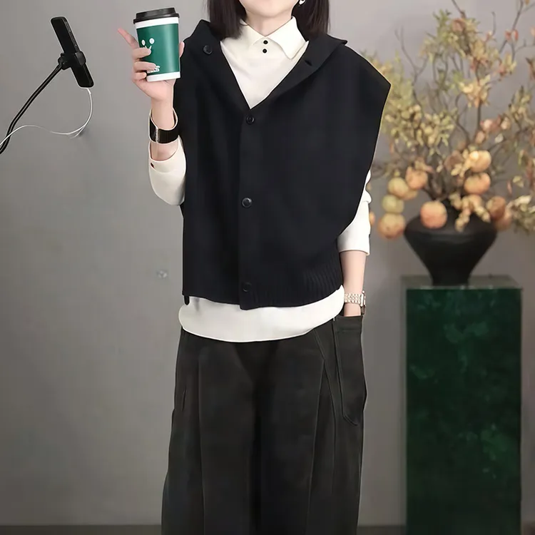 灰色无袖连帽休闲毛针织衫女秋季新款宽松显瘦短款毛衣叠穿上衣