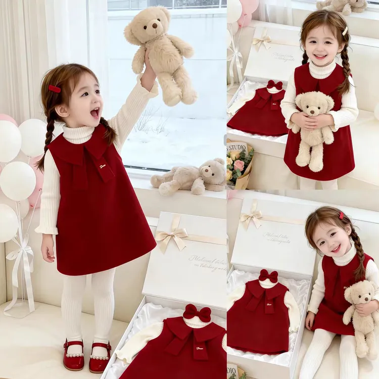 女童红色蝴蝶结背心裙26年冬装周岁生日毛呢礼服女宝宝洋气拜年服