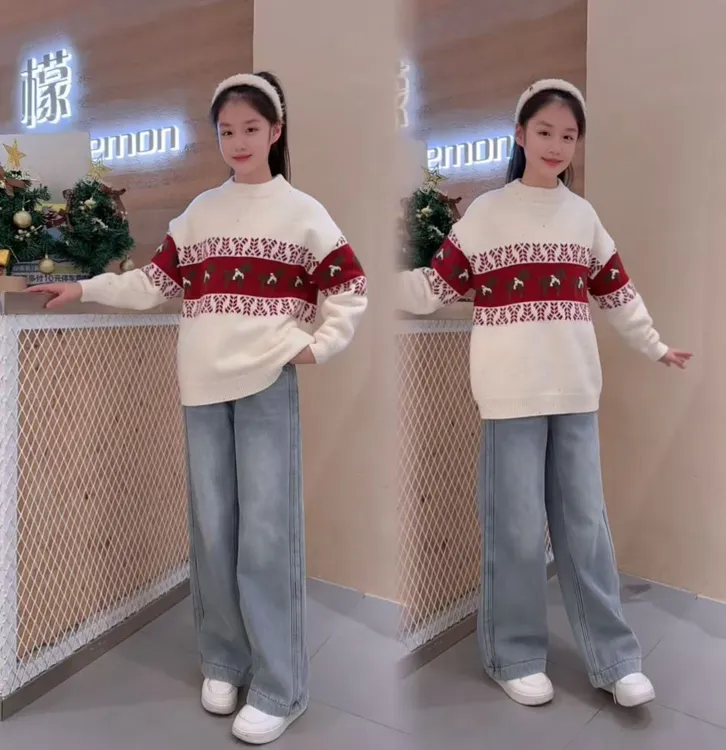 女童冬款加绒小马毛衣牛仔裤套装儿童新年毛衣一体绒牛仔裤两件套