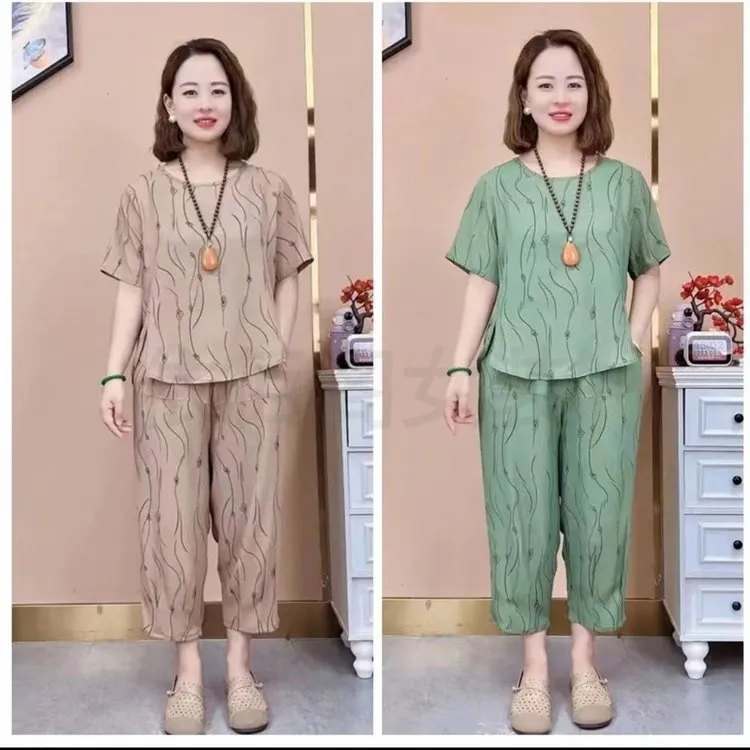 2023新款洋气妈妈夏装套装两件套中老年女装短袖t恤中年爆款上衣