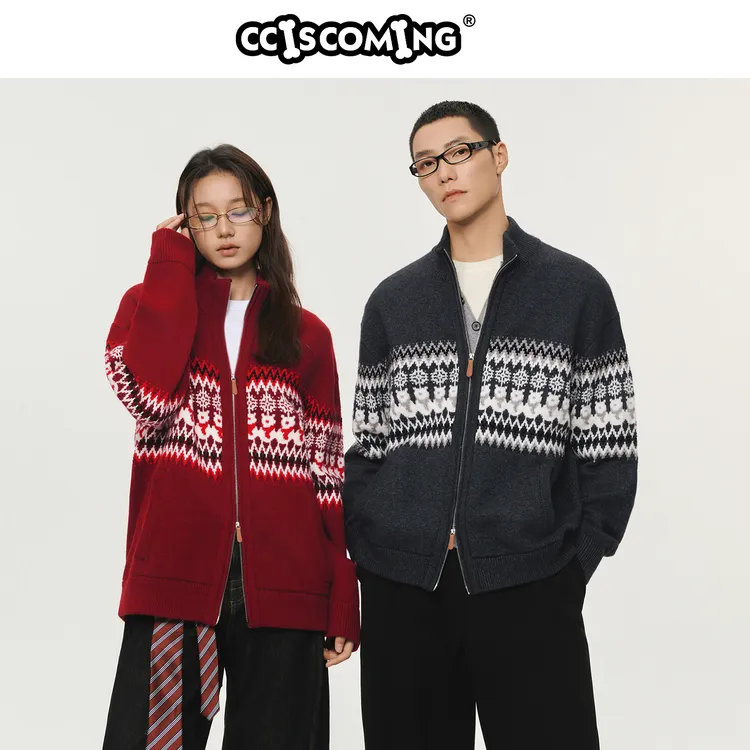 NPC潮牌CC系列复古细针拉链针织毛衣费尔岛毛衣宽松落肩CC5BSW07