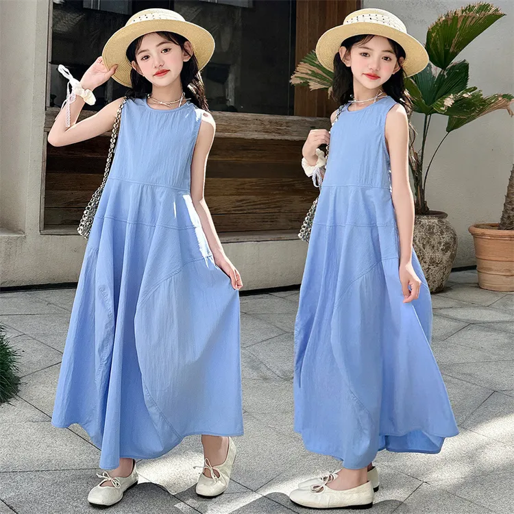 女童夏装连衣裙2025新款中大童洋气女孩夏季休闲风纯色长款背心裙