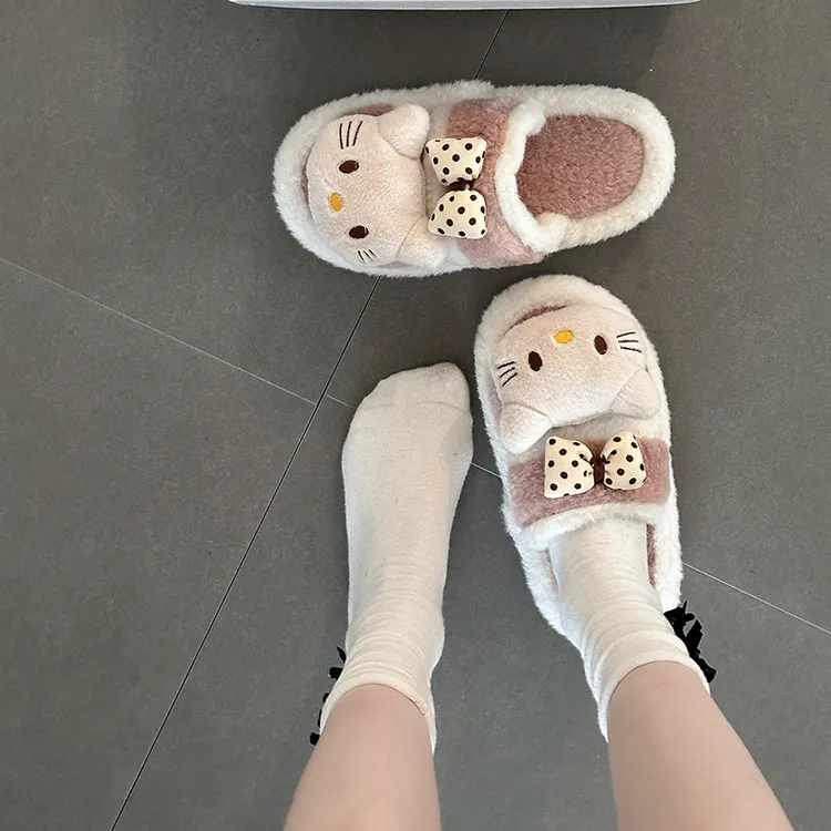 可爱卡通凯蒂猫条纹一字毛毛拖鞋女款2025秋冬新款外穿居家棉拖鞋