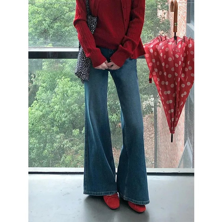 冬季款深蓝色加绒高腰直筒喇叭牛仔裤女大码宽松显瘦弹力垂感长裤