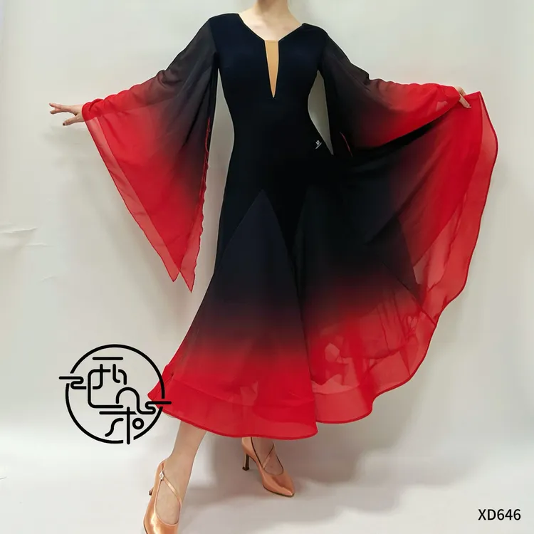 西朵舞服渐变色大裙摆袖飘摩登舞表演裙连衣裙XD646