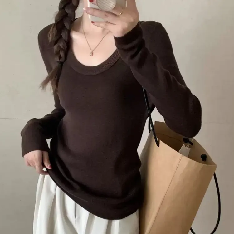 双面德绒打底T恤长袖大U圆领纯欲辣妹黑色收腰显瘦时尚保暖百搭