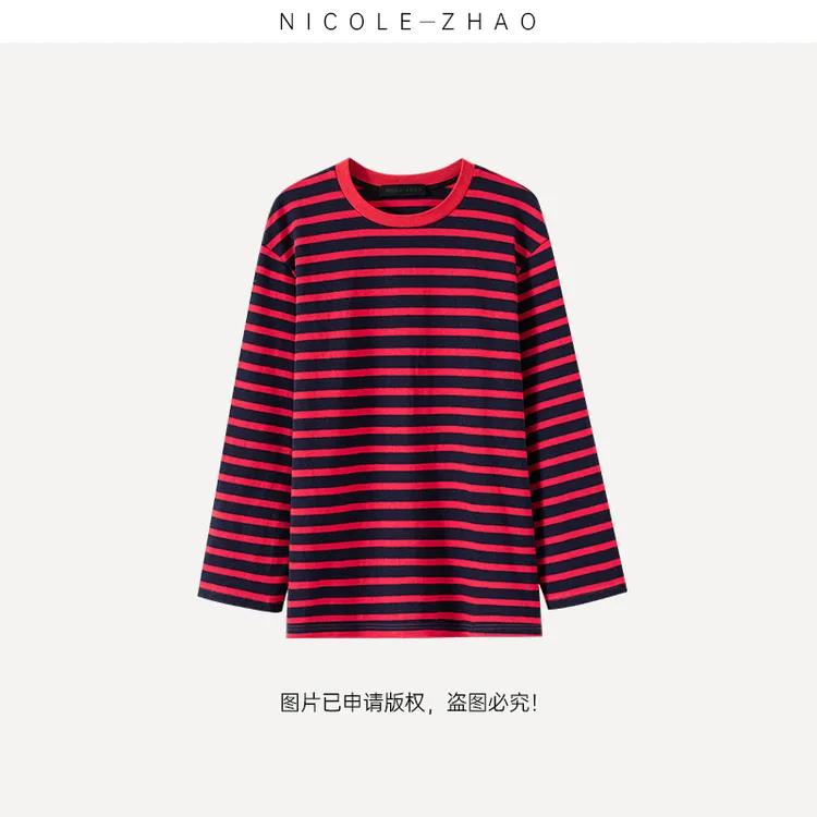 4NCT045【NICOLE.ZHAO】设计师高端定制时尚气质长袖条纹衫
