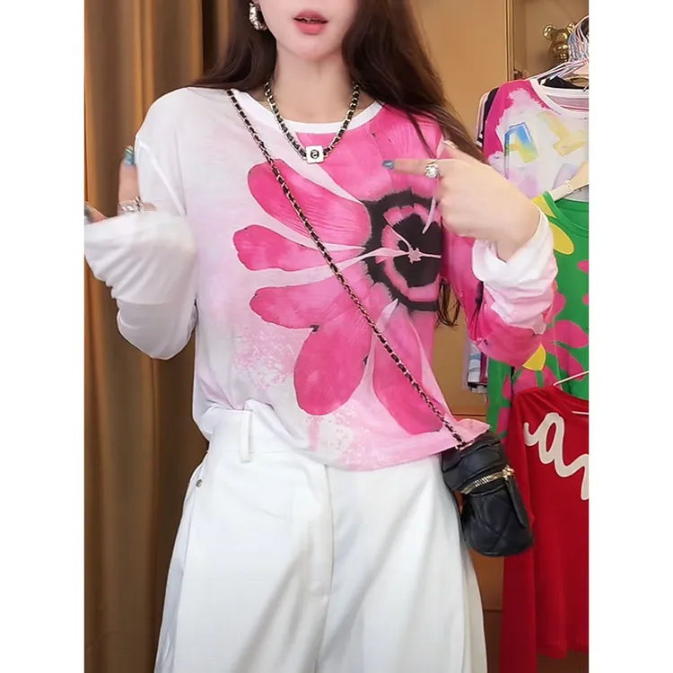 韩系短款花朵印花防晒T恤女2025年夏季新款薄款透气圆领罩衫上衣